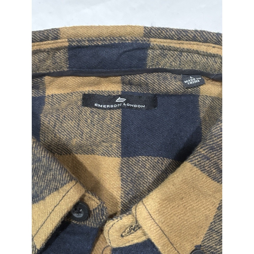 NWT Emerson London Men's Plaid Flannel Shirt Soft Cotton Blend Navy Tan Large